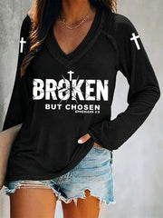 Women's Christian Cross Broken But Chosen Print V-neck  Long Sleeve Tee