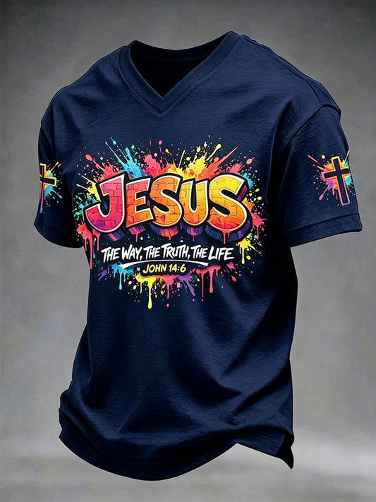 Men's Christian Jesus Cross Short Sleeve V-neck T-shirt