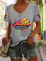 Women's Christian Jesus Cross Short Sleeve V-neck T-shirt