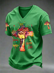 Men's Jesus The Way The Truth The Life Print Casual V-Neck Tee