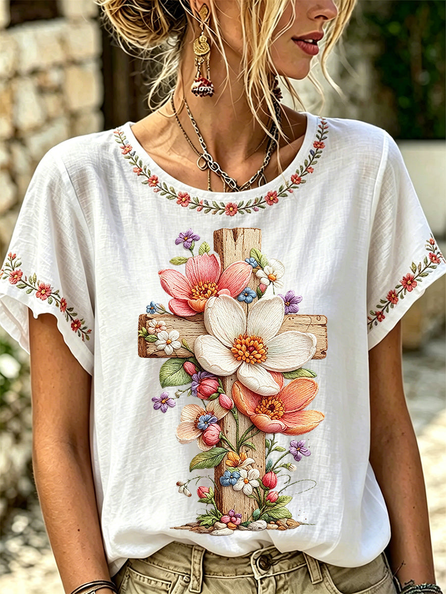 Women's Floral Christian Cross Print Tee