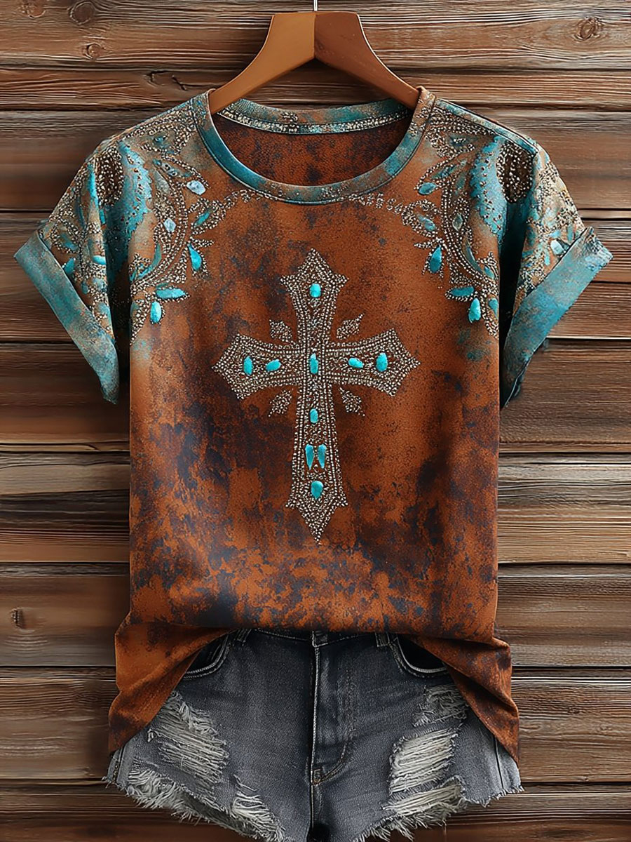 Women's Western-style faith print short-sleeved T-shirt