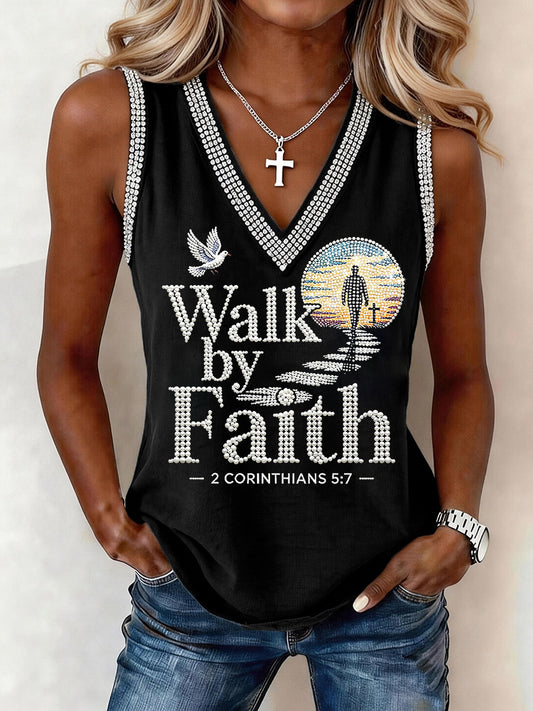 Women's Christian Cross Walk By Faith Not By Sight Print V-Neck Vests
