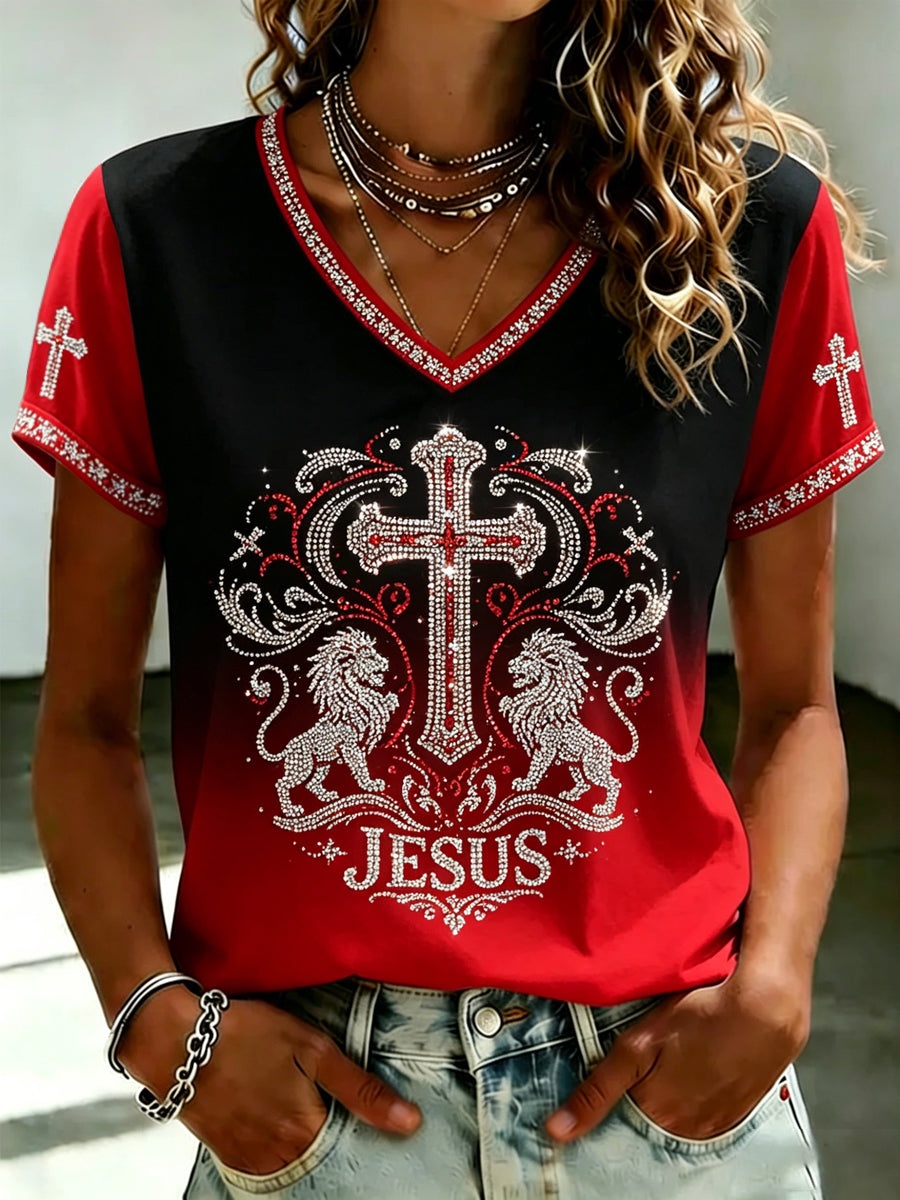 Women's JESUS Printed V-neck T-shirt