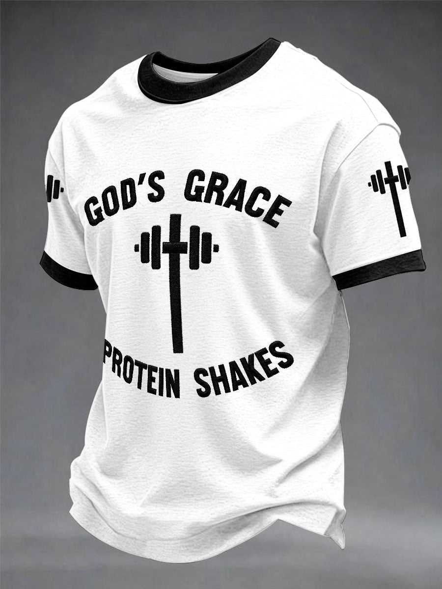 “God’s Grace Protain And Shakes” Christian Fitness Casual Printed T-shirt