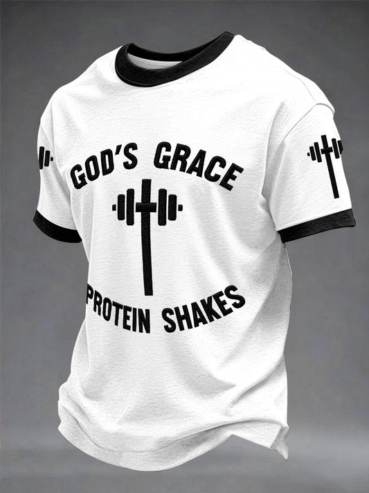 “God’s Grace Protain And Shakes” Christian Fitness Casual Printed T-shirt