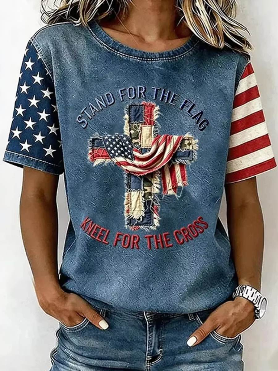 Women's America Independence Day Flag Art Print Short Sleeve T-shirt