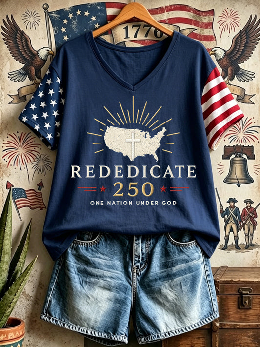 Women's One Nation Under God Independence Day USA Flag Print Casual V-Neck Patriotic Tee