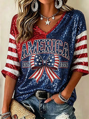 Women's Retro Independence Day USA Flag Art Print  V-Neck T-Shirt