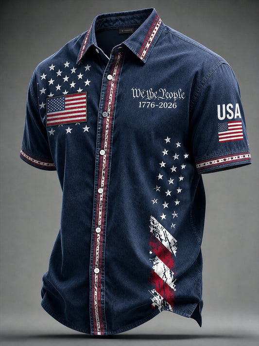Retro Independence Day USA Flag  Print Short Sleeve Shirt