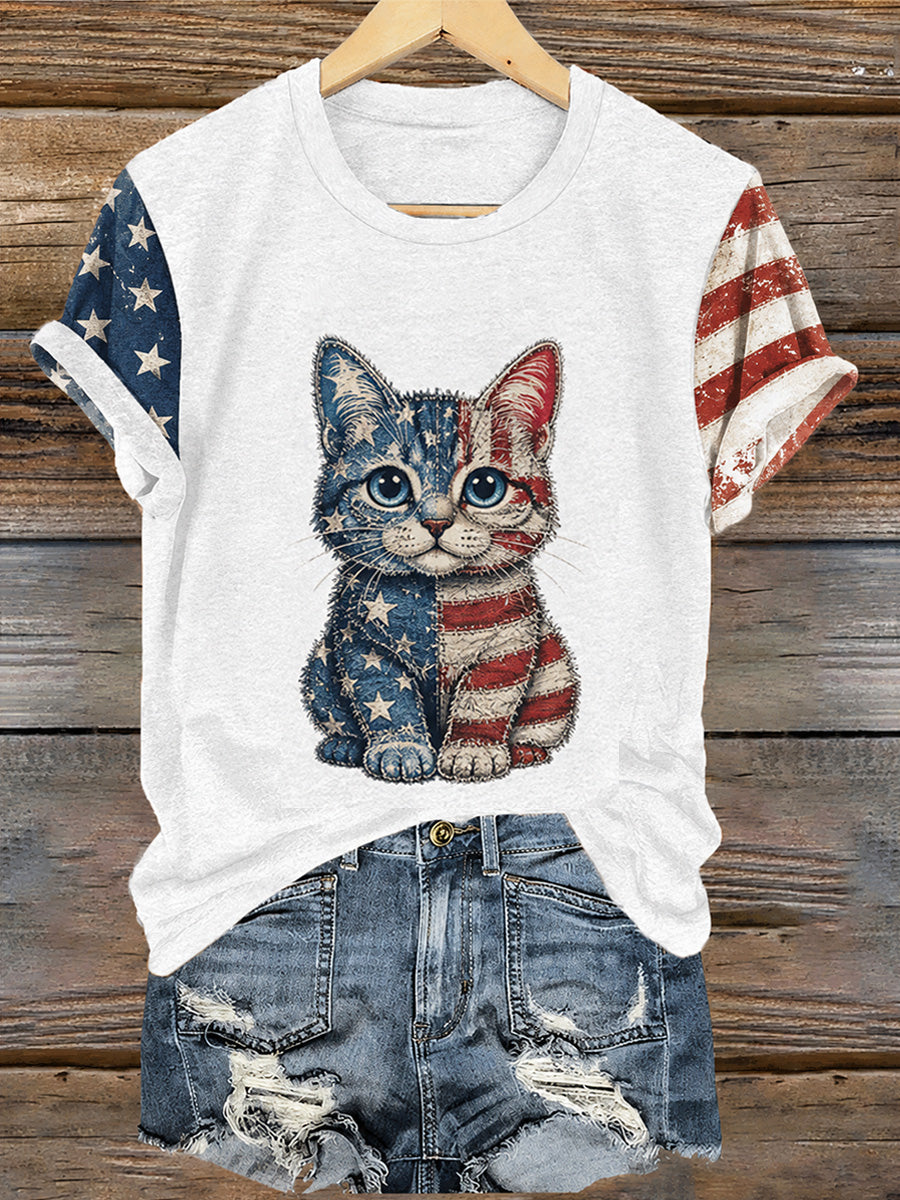 Women's Independence Day Cat Print Casual Tee