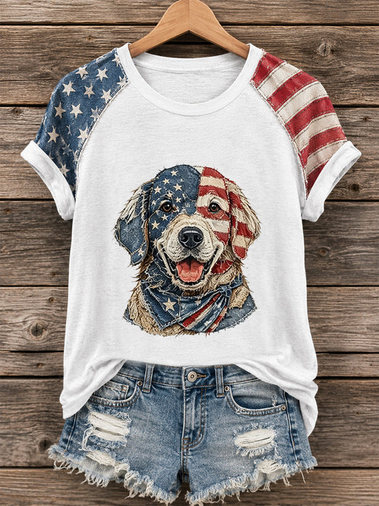 Women's Independence Day  Dog Print Casual Tee