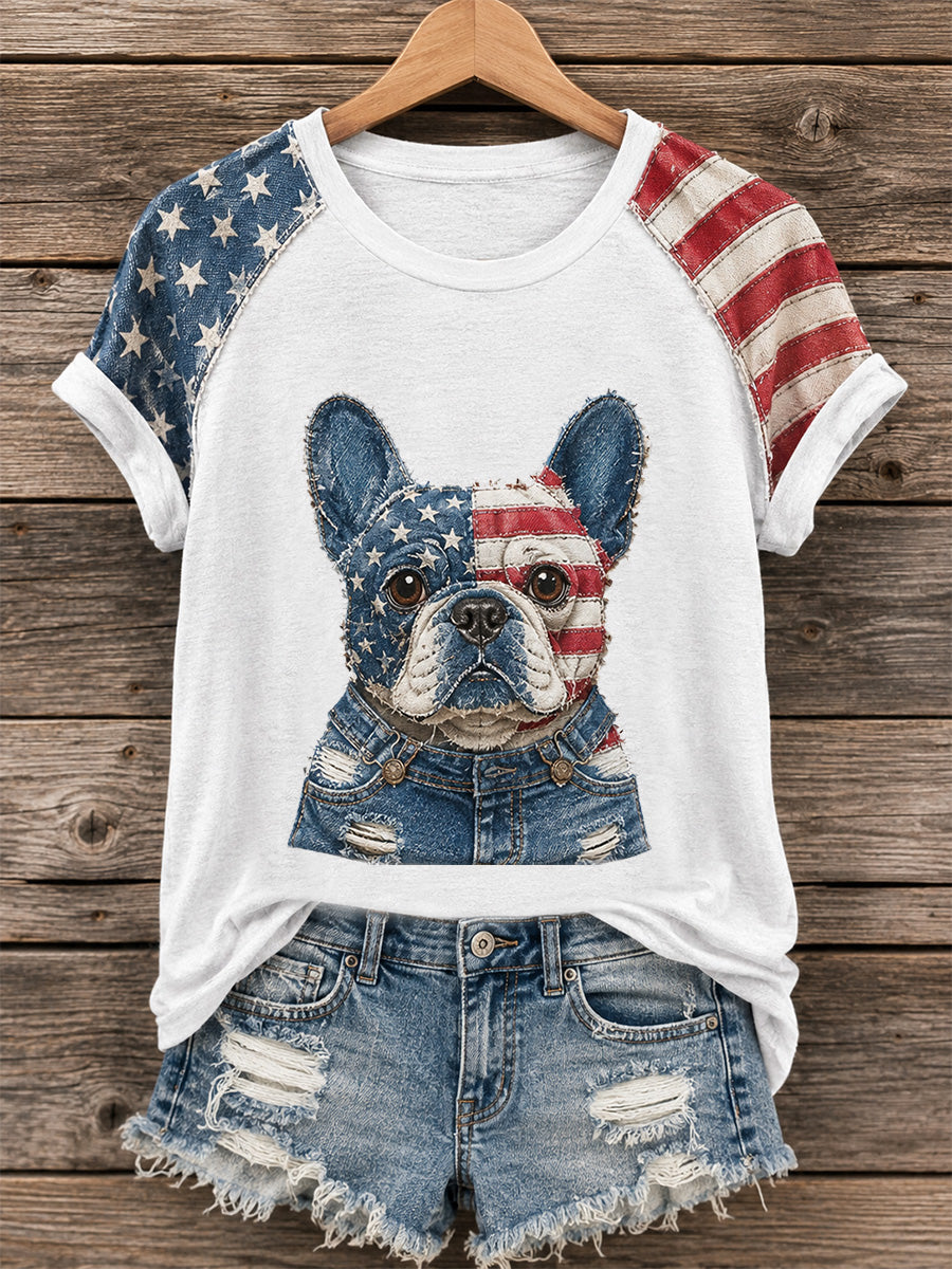 Women's Independence Day  Dog Print Casual Tee