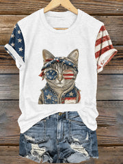 Women's Independence Day Cat Print Casual Tee