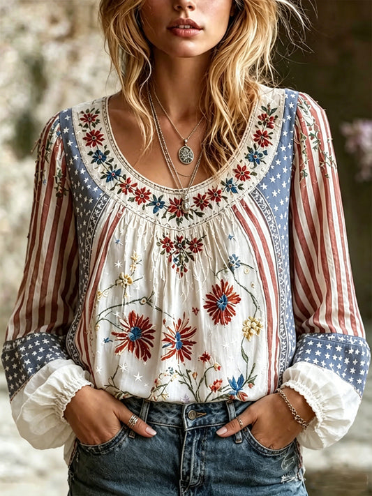 Women's America Floral Print Cotton-Linen Shirt