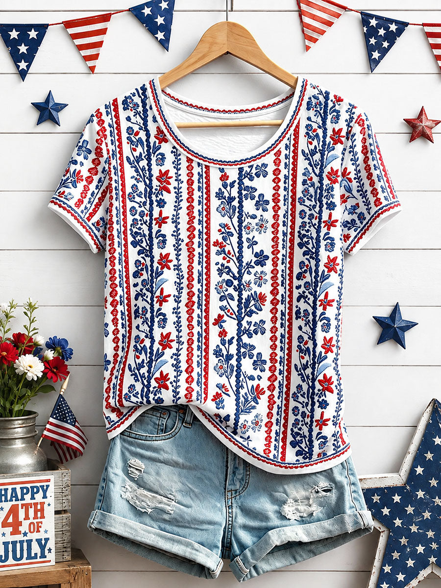 Women's Independence Day Floral Art Print Casual T-Shirt