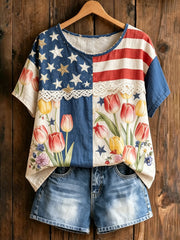 Women's America Floral Print Casual T-Shirt