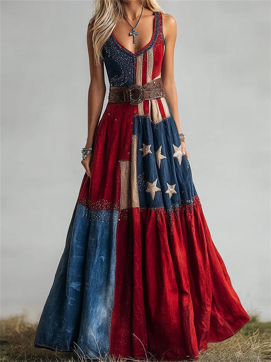 Women's Vintage American Flag Inspired Colorblock Art Print Flowy Maxi Dress