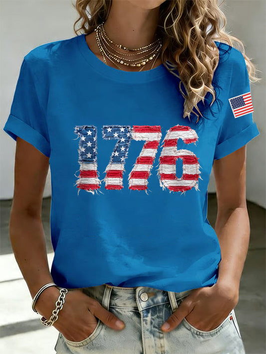 Women's Independence Day 1776 USA Flag Print Casual Tee