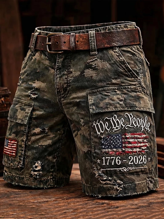 Men's Vintage Independence Day Retro American Flag Art Print Casual Shorts