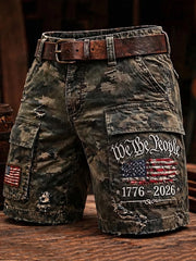 Men's Vintage Independence Day Retro American Flag Art Print Casual Shorts