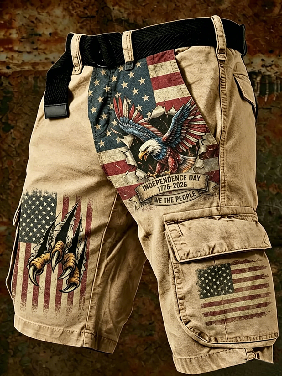 Men's Vintage Independence Day Retro American Flag Art Print Casual Shorts