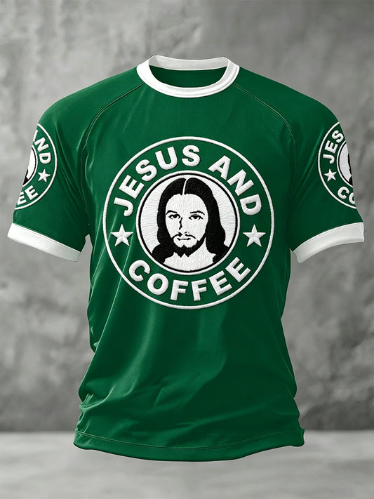 Men's Jesus And Coffee Print Casual Tee