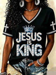 Women's 'Jesus is King' Christian V-neck T-shirts
