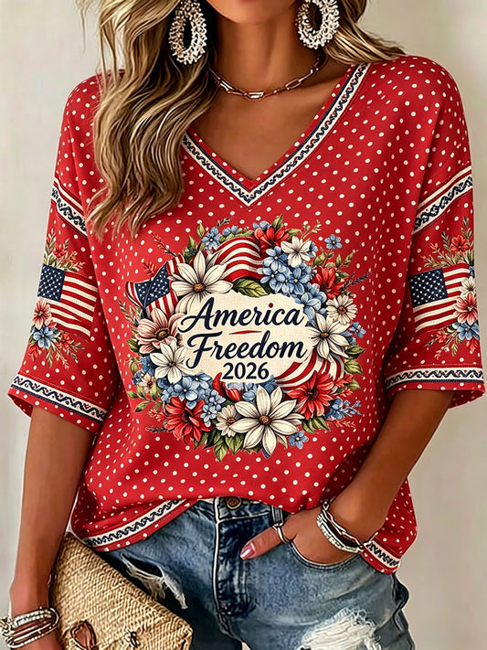 Women's American Independence Day "Freedom" Wreath Casual Waffle T-shirt