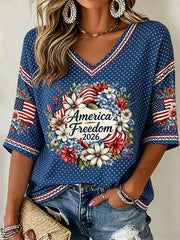 Women's American Independence Day "Freedom" Wreath Casual Waffle T-shirt