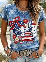 Women's cat and United States flag pattern print short-sleeved T-shirt
