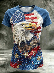 Women's retro American flag element pattern print round neck short sleeve T-shirt