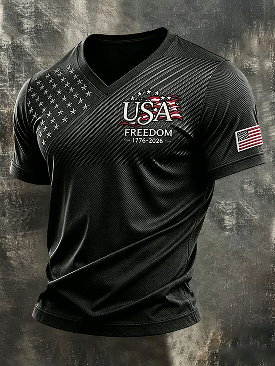 Men's Independence Day Flag Art Short Sleeve V-neck T-shirt