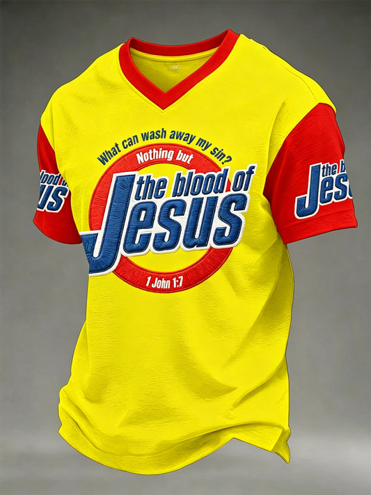 Men's The Blood Of Jesus Print Casual V-Neck Tee