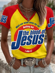 Women's The Blood Of Jesus Print Casual V-Neck Tee