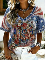 Women's USA 1776-2026 Floral Cross Flag Print short-sleeved T-shirt