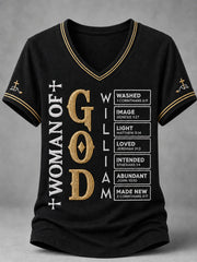 Women's Christian Woman Of God Print Casual V-Neck Tee