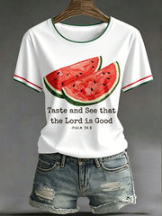 Women's “Teast And See That The Lord Is Good” Faith Fun Fruit Casual Print T-shirt