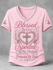 Women's Blessed By God Spoiled By My Husband Protected By Both Cross Print Casual V-Neck Tee