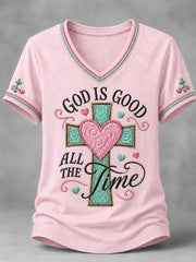 Women's God Is Good All The Time Cross Print Casual V-Neck Tee