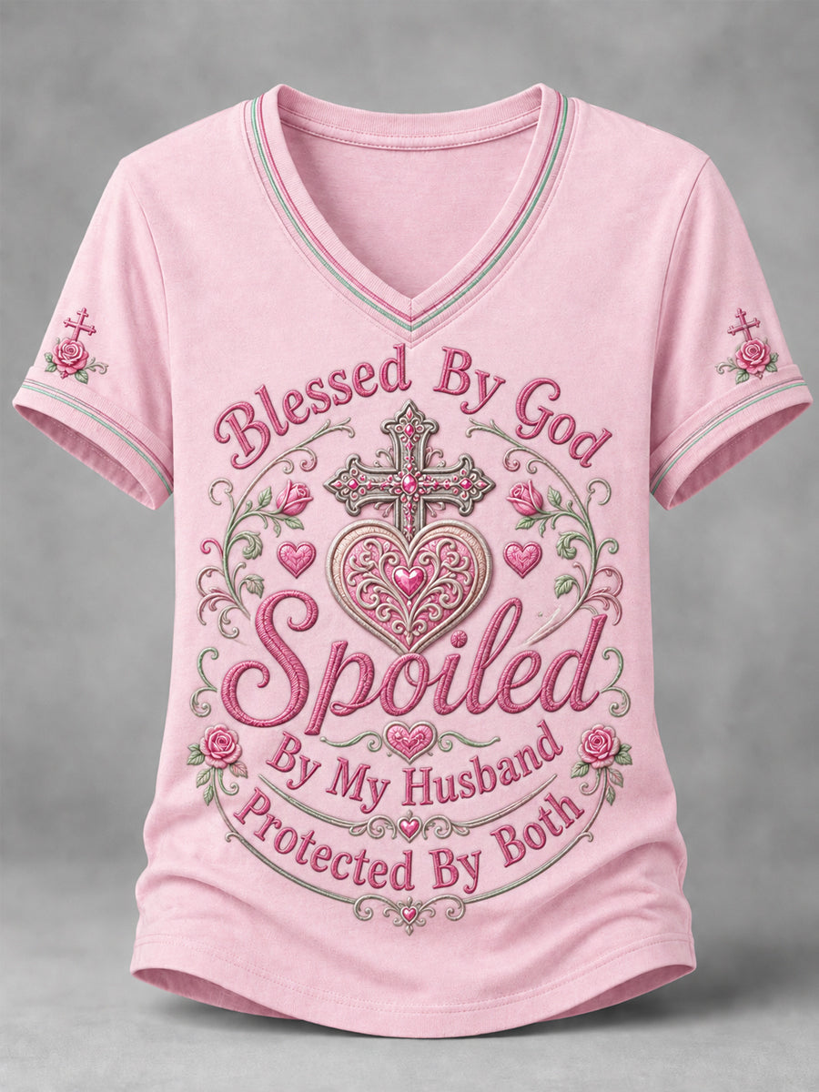 Women's Blessed By God Spoiled By My Husband Protected By Both Cross Print Casual V-Neck Tee