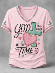 Women's God Is Good All The Time Cross Print Casual V-Neck Tee