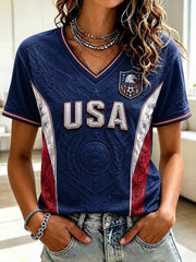 Women's USA Football Printed V-neck T-shirt