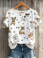 Women's Lovely Dogs & Paw Prints Pattern Print short-sleeved T-shirt