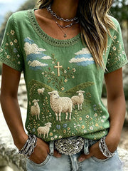 Women's Vintage Farm Sheep Cross Print Linen Short-sleeved T-shirt