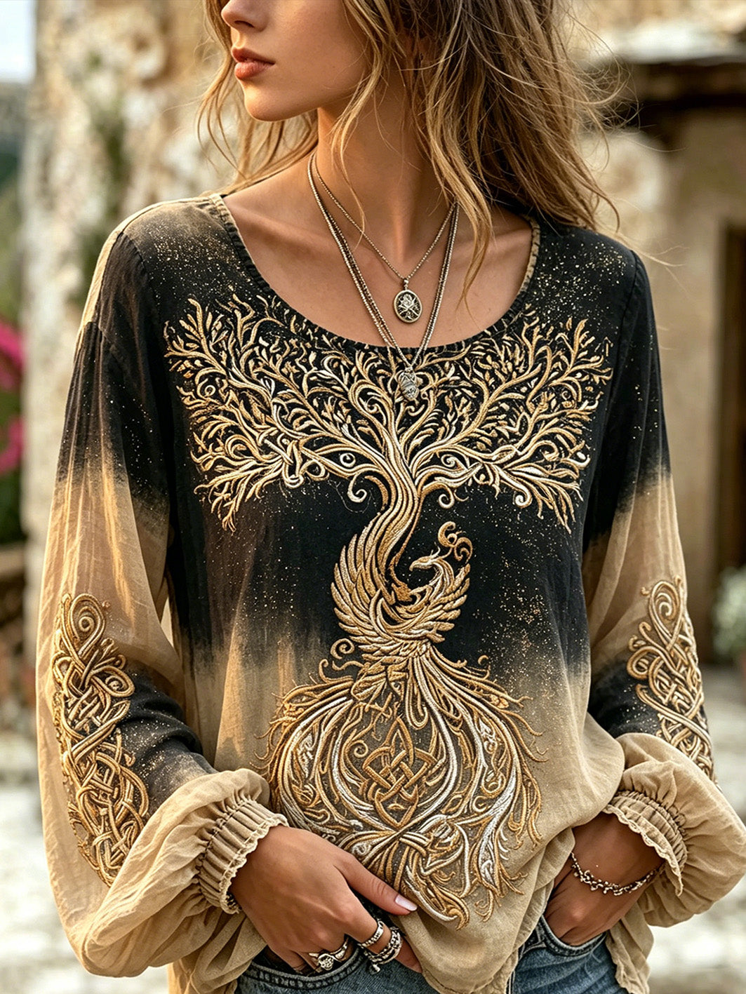 Women's Viking Life Tree and Phoenix Pattern Design Retro Cotton and Linen Shirt