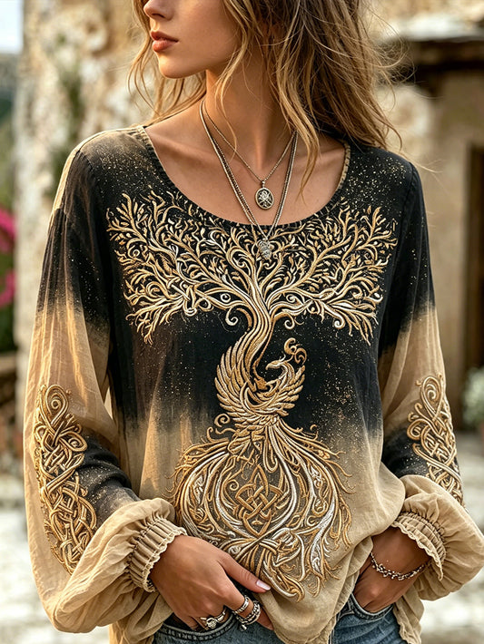 Women's Viking Life Tree and Phoenix Pattern Design Retro Cotton and Linen Shirt