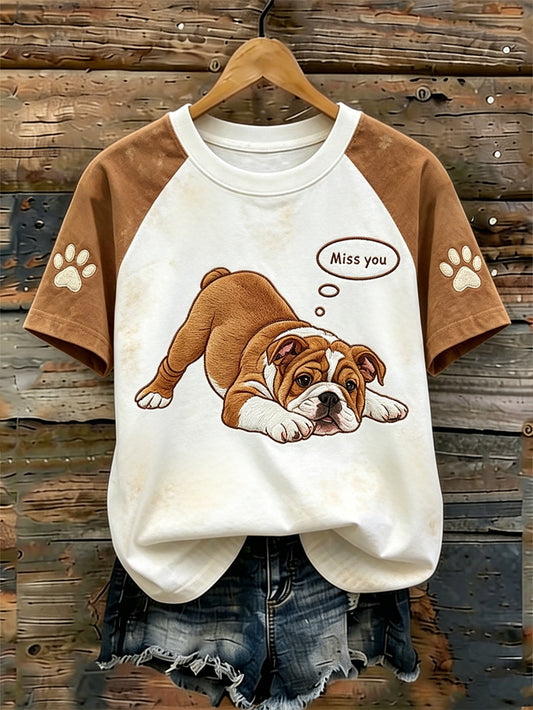 Women's cute dog pattern printed casual washed short-sleeve T-shirt