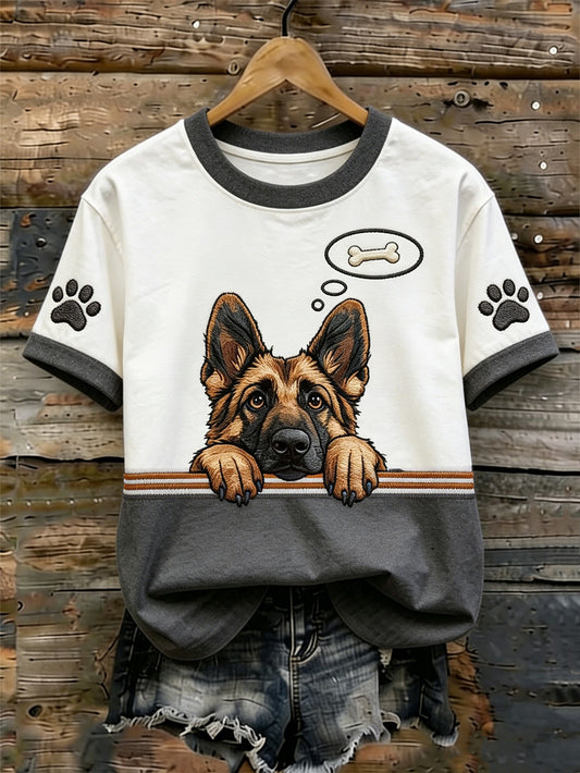 Women's cute dog pattern printed casual washed short-sleeve T-shirt