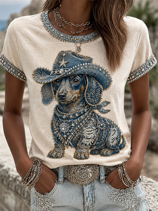 Women's Cowboy Dog  Print Casual Tee